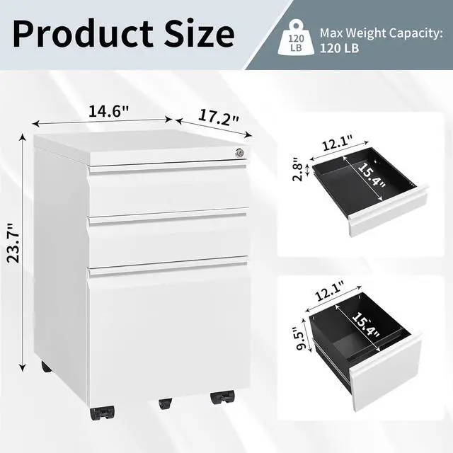 Alt view image 3 of 7 - Filing Cabinet 3 Drawer, Locking File Cabinets for Home Office, Mobile Filing Cabinet for A4/Letter/Legal Size File Folders, Fully Assembled, Matte White