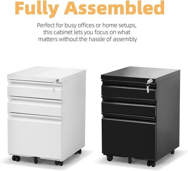 Alt view image 4 of 7 - Filing Cabinet 3 Drawer, Locking File Cabinets for Home Office, Mobile Filing Cabinet for A4/Letter/Legal Size File Folders, Fully Assembled, Matte White