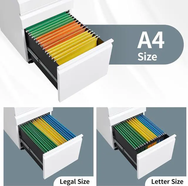 Alt view image 6 of 7 - Filing Cabinet 3 Drawer, Locking File Cabinets for Home Office, Mobile Filing Cabinet for A4/Letter/Legal Size File Folders, Fully Assembled, Matte White