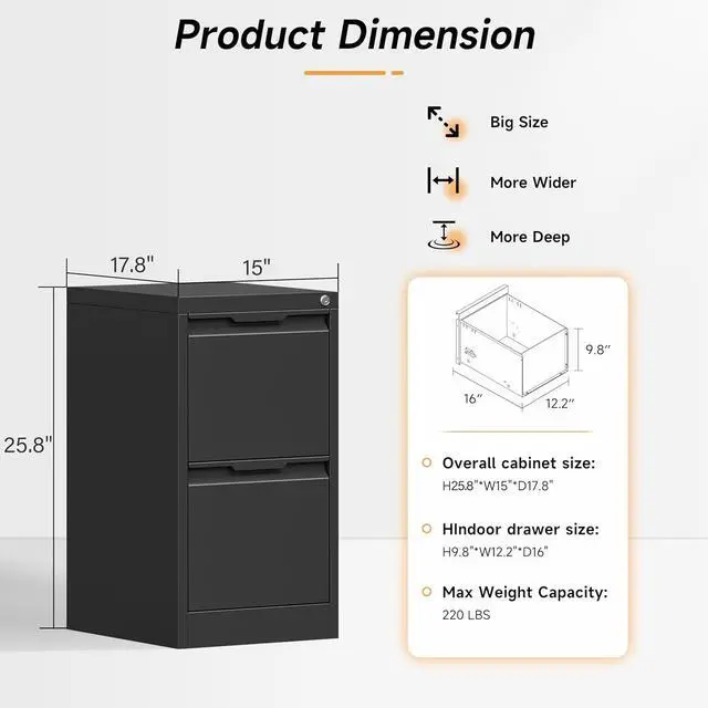 Alt view image 3 of 7 - 2 Drawer File Cabinet, 17.8" Deep Filing Cabinet for Home Office, Metal Vertical File Cabinet with Lock for Letter/Legal/A4/F4 Size, Easy Assemble (Black)