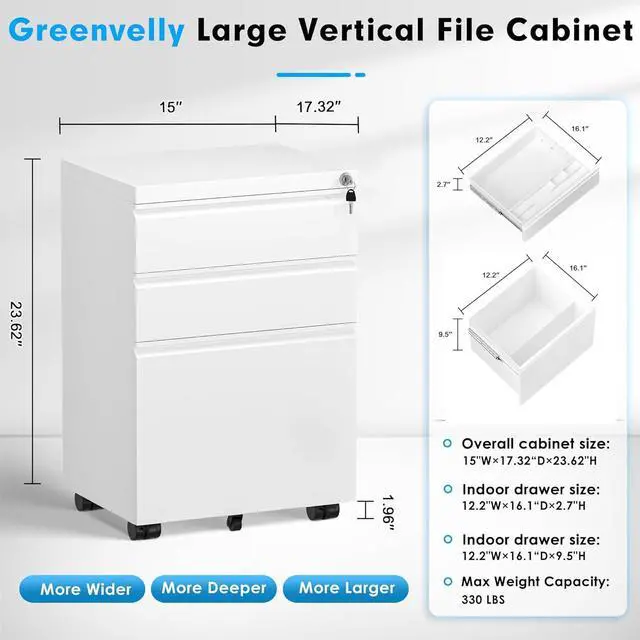 Alt view image 3 of 7 - 3 Drawer Mobile File Cabinet with Lock, Fully Assembled Rolling File Cabinet Except Casters, Under Desk File Cabinet with Wheels for Home Office Fit Legal/Letter/A4 File (Assembled, White)