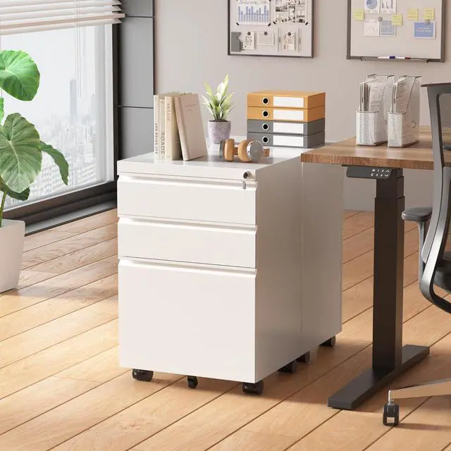Alt view image 2 of 7 - 3 Drawer Mobile File Cabinet with Lock, Fully Assembled Rolling File Cabinet Except Casters, Under Desk File Cabinet with Wheels for Home Office Fit Legal/Letter/A4 File (Assembled, White)