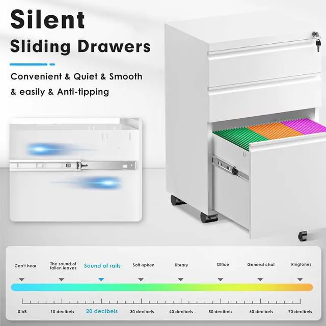 Alt view image 4 of 7 - 3 Drawer Mobile File Cabinet with Lock, Fully Assembled Rolling File Cabinet Except Casters, Under Desk File Cabinet with Wheels for Home Office Fit Legal/Letter/A4 File (Assembled, White)