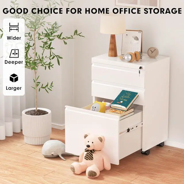 Alt view image 7 of 7 - 3 Drawer Mobile File Cabinet with Lock, Fully Assembled Rolling File Cabinet Except Casters, Under Desk File Cabinet with Wheels for Home Office Fit Legal/Letter/A4 File (Assembled, White)