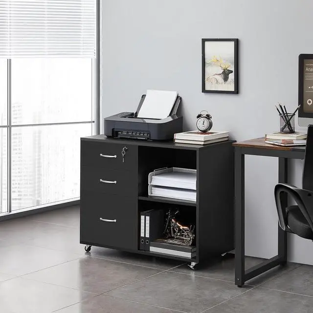 Alt view image 2 of 7 - Black File Cabinet with Lock for Letter, A4 Size,3 Drawer Lateral Cabinet Printer Stand with Open Storage Compartments for Home Office, Black