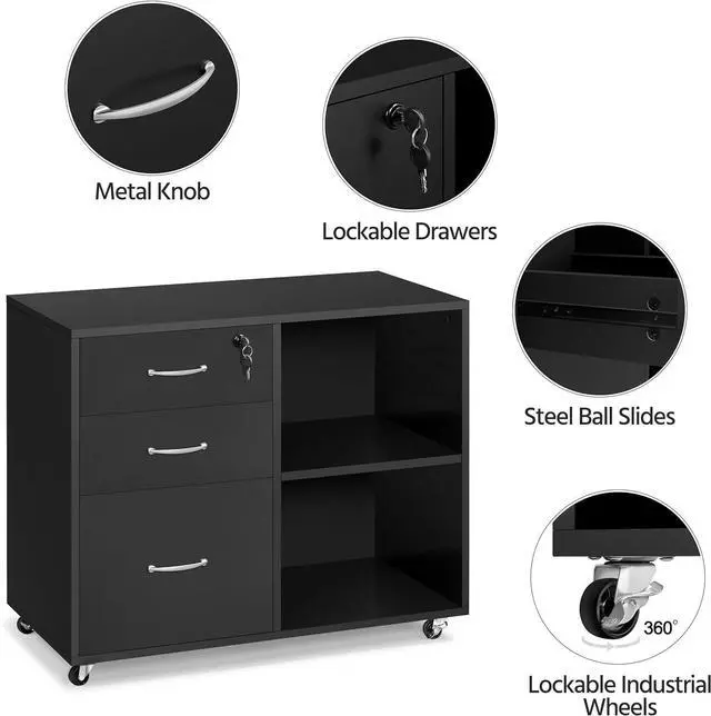 Alt view image 4 of 7 - Black File Cabinet with Lock for Letter, A4 Size,3 Drawer Lateral Cabinet Printer Stand with Open Storage Compartments for Home Office, Black