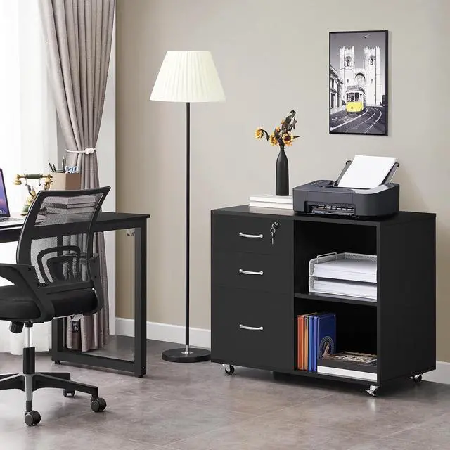 Alt view image 5 of 7 - Black File Cabinet with Lock for Letter, A4 Size,3 Drawer Lateral Cabinet Printer Stand with Open Storage Compartments for Home Office, Black