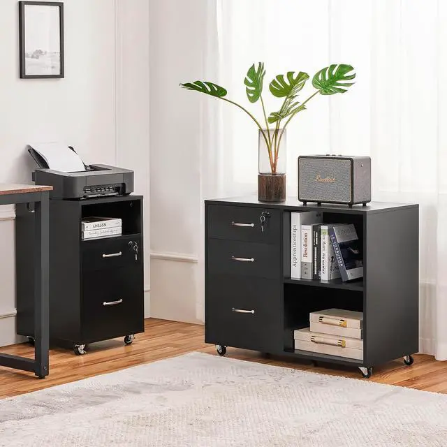 Alt view image 6 of 7 - Black File Cabinet with Lock for Letter, A4 Size,3 Drawer Lateral Cabinet Printer Stand with Open Storage Compartments for Home Office, Black