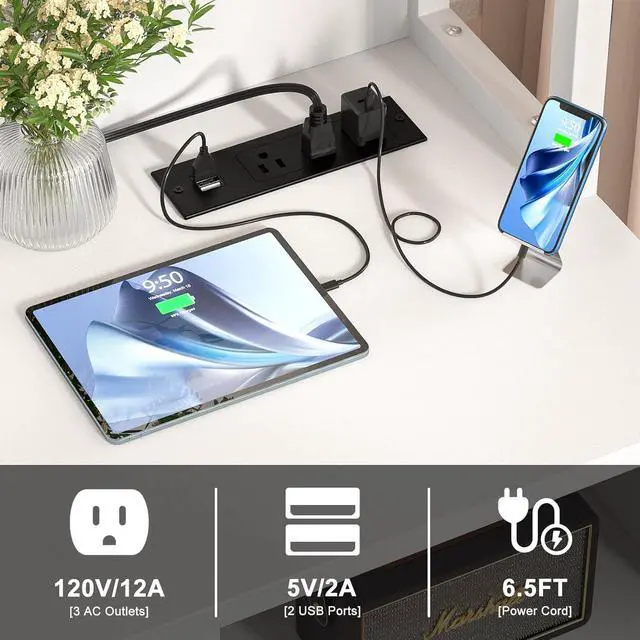 Alt view image 5 of 7 - Vertical File Cabinet with Charging Station, Lock & Large Drawer, Printer Stand with Storage Shelves, Office Storage Cabinet fits Letter/A4/Legal Size, White