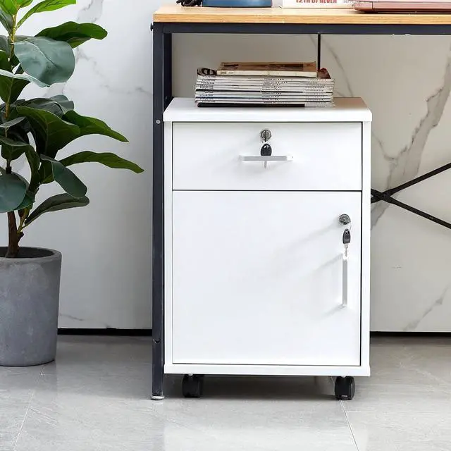 Main image of Mobile File Cabinet with Lockable Drawer & Door, Under Desk Storage Cabinet with 360°Swivel Wheels, Wooden Stationery Storage Cabinet for Legal/Letter/ A4 Documents (White)