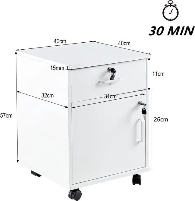 Alt view image 2 of 7 - Mobile File Cabinet with Lockable Drawer & Door, Under Desk Storage Cabinet with 360°Swivel Wheels, Wooden Stationery Storage Cabinet for Legal/Letter/ A4 Documents (White)