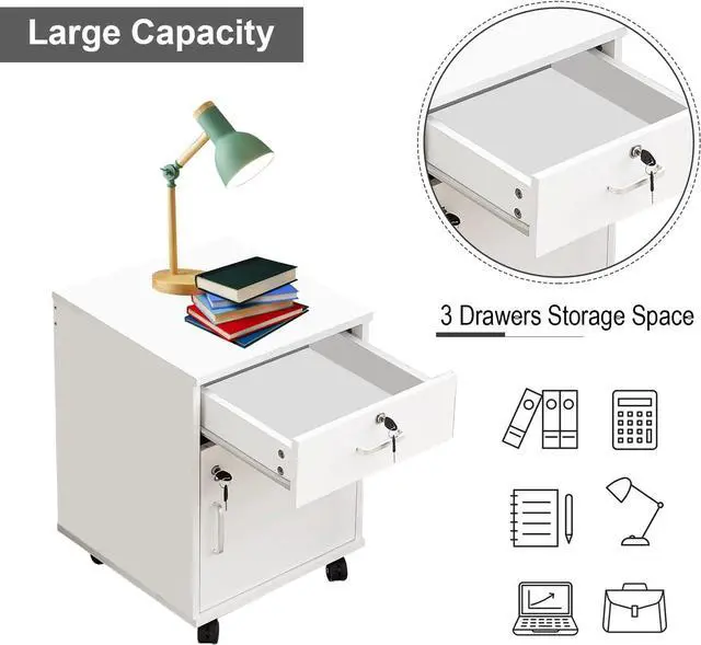 Alt view image 3 of 7 - Mobile File Cabinet with Lockable Drawer & Door, Under Desk Storage Cabinet with 360°Swivel Wheels, Wooden Stationery Storage Cabinet for Legal/Letter/ A4 Documents (White)