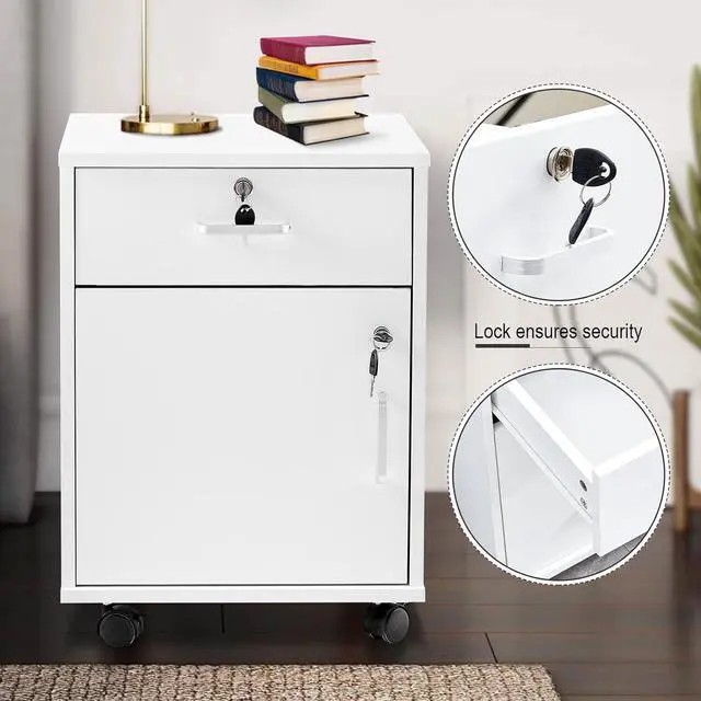 Alt view image 4 of 7 - Mobile File Cabinet with Lockable Drawer & Door, Under Desk Storage Cabinet with 360°Swivel Wheels, Wooden Stationery Storage Cabinet for Legal/Letter/ A4 Documents (White)