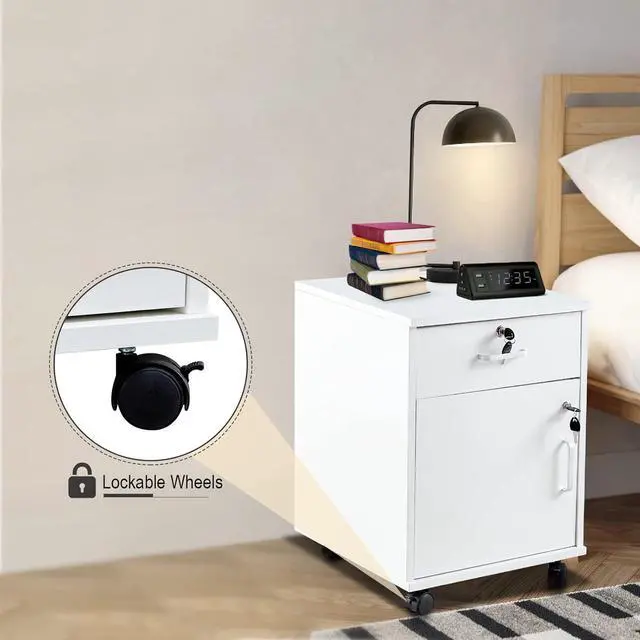 Alt view image 5 of 7 - Mobile File Cabinet with Lockable Drawer & Door, Under Desk Storage Cabinet with 360°Swivel Wheels, Wooden Stationery Storage Cabinet for Legal/Letter/ A4 Documents (White)