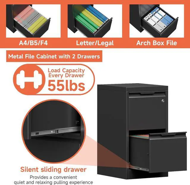 Alt view image 5 of 7 - 2 Drawer File Cabinet with Lock,Black Metal Filing Cabinets,Steel Vertical Fit Hanging Files, Letter,File Box and A4 Documents-Assembly Require
