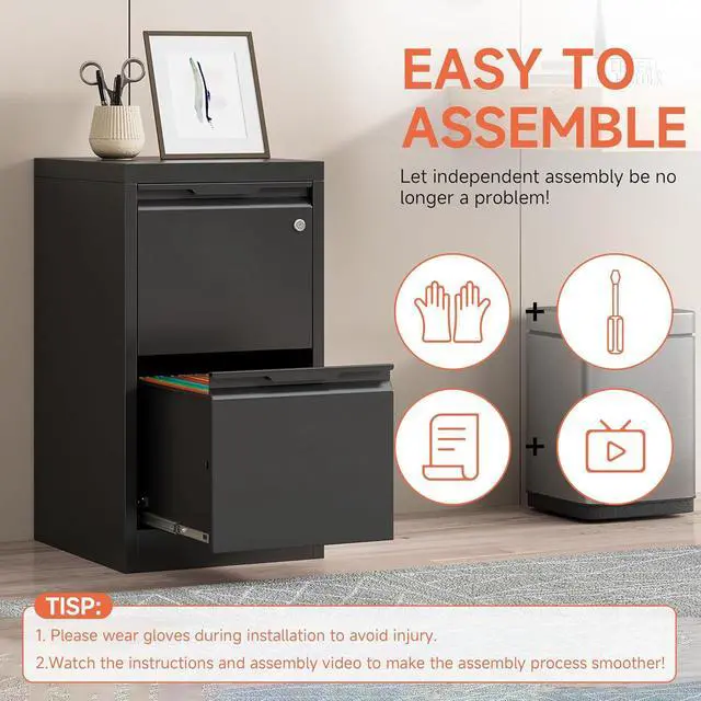 Alt view image 6 of 7 - 2 Drawer File Cabinet with Lock,Black Metal Filing Cabinets,Steel Vertical Fit Hanging Files, Letter,File Box and A4 Documents-Assembly Require