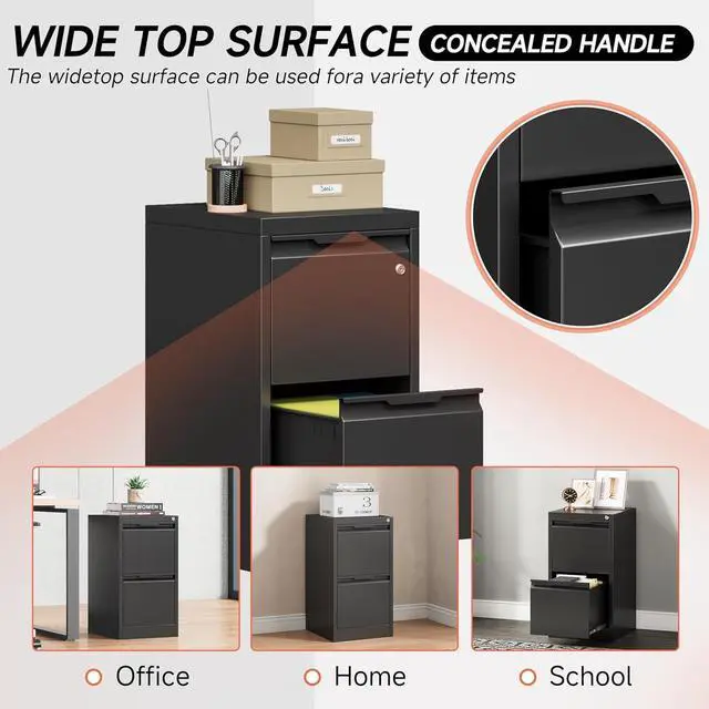Alt view image 7 of 7 - 2 Drawer File Cabinet with Lock,Black Metal Filing Cabinets,Steel Vertical Fit Hanging Files, Letter,File Box and A4 Documents-Assembly Require