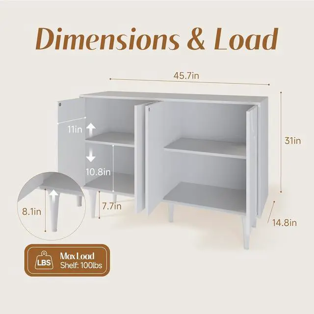 Alt view image 2 of 6 - Sideboard Buffet Cabinet, Accent Cabinets with 4 Doors, Modern Wood Cabinet with Adjustable Shelves and Decorative Lines Panel for Living Room, Dining Room, Entry - Pure White