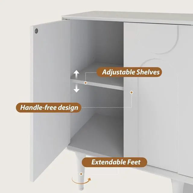Alt view image 4 of 6 - Sideboard Buffet Cabinet, Accent Cabinets with 4 Doors, Modern Wood Cabinet with Adjustable Shelves and Decorative Lines Panel for Living Room, Dining Room, Entry - Pure White