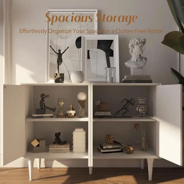 Alt view image 5 of 6 - Sideboard Buffet Cabinet, Accent Cabinets with 4 Doors, Modern Wood Cabinet with Adjustable Shelves and Decorative Lines Panel for Living Room, Dining Room, Entry - Pure White