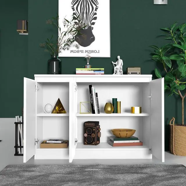 Alt view image 5 of 7 - White Buffet Storage Cabinet with 3 Door, 43" W Coffee Bar Cabinet, Kitchen Buffet Sideboard for Living Room, Kitchen, 43.3" W x 31.5" H
