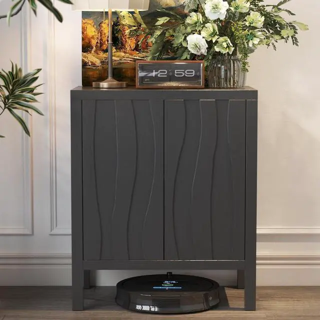 Main image of Sideboard Buffet Cabinet, Accent Cabinets with 2 Doors, Farmhouse Wood Cabinet with Adjustable Shelves and Decorative Wave Panel for Living Room, Dining Room, Entry -Jet Black