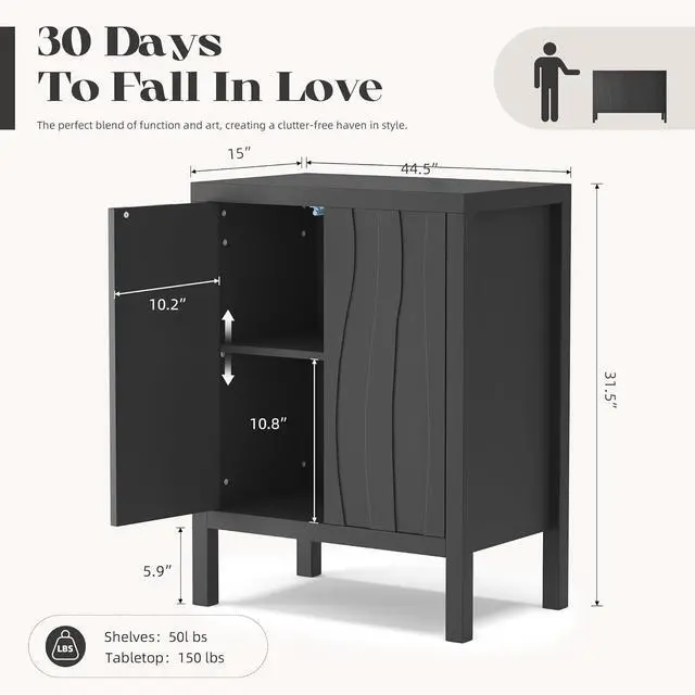 Alt view image 2 of 7 - Sideboard Buffet Cabinet, Accent Cabinets with 2 Doors, Farmhouse Wood Cabinet with Adjustable Shelves and Decorative Wave Panel for Living Room, Dining Room, Entry -Jet Black