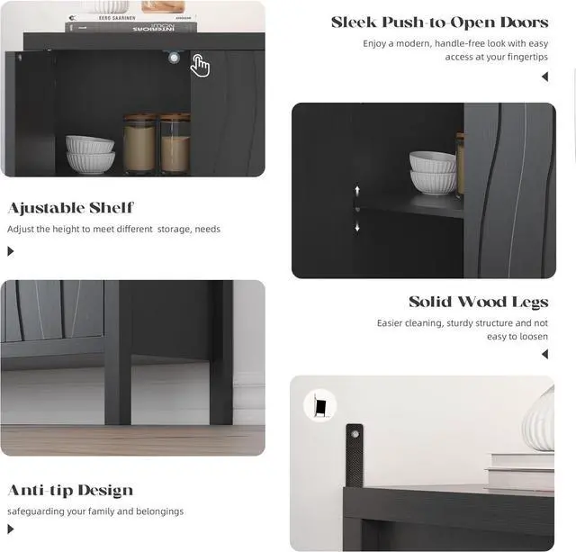 Alt view image 3 of 7 - Sideboard Buffet Cabinet, Accent Cabinets with 2 Doors, Farmhouse Wood Cabinet with Adjustable Shelves and Decorative Wave Panel for Living Room, Dining Room, Entry -Jet Black