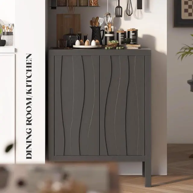 Alt view image 6 of 7 - Sideboard Buffet Cabinet, Accent Cabinets with 2 Doors, Farmhouse Wood Cabinet with Adjustable Shelves and Decorative Wave Panel for Living Room, Dining Room, Entry -Jet Black