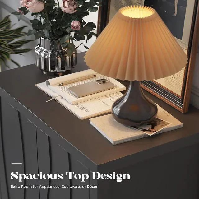 Alt view image 7 of 7 - Sideboard Buffet Cabinet, Accent Cabinets with 2 Doors, Farmhouse Wood Cabinet with Adjustable Shelves and Decorative Wave Panel for Living Room, Dining Room, Entry -Jet Black