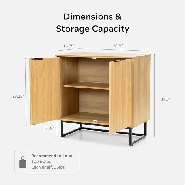 Alt view image 2 of 7 - Fluted Storage Cabinet Sideboard Buffet Cabinet, Modern Accent Cabinets with Adjustable Shelves, Wooden Credenza, Console Table Entryway Cabinet for Living Dining Room, Natural Oak