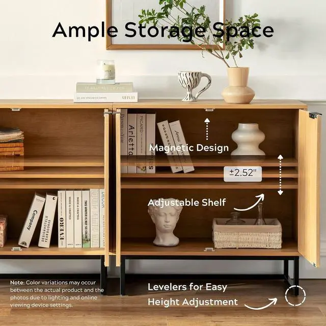 Alt view image 3 of 7 - Fluted Storage Cabinet Sideboard Buffet Cabinet, Modern Accent Cabinets with Adjustable Shelves, Wooden Credenza, Console Table Entryway Cabinet for Living Dining Room, Natural Oak