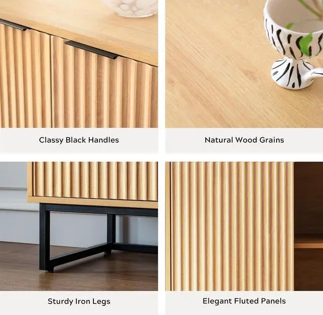 Alt view image 4 of 7 - Fluted Storage Cabinet Sideboard Buffet Cabinet, Modern Accent Cabinets with Adjustable Shelves, Wooden Credenza, Console Table Entryway Cabinet for Living Dining Room, Natural Oak