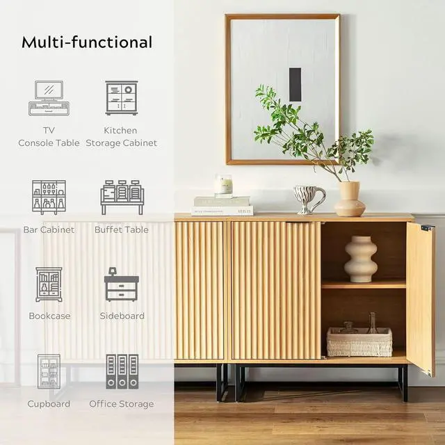 Alt view image 7 of 7 - Fluted Storage Cabinet Sideboard Buffet Cabinet, Modern Accent Cabinets with Adjustable Shelves, Wooden Credenza, Console Table Entryway Cabinet for Living Dining Room, Natural Oak