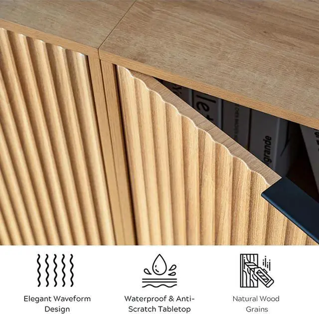 Alt view image 6 of 7 - Fluted Storage Cabinet Sideboard Buffet Cabinet, Modern Accent Cabinets with Adjustable Shelves, Wooden Credenza, Console Table Entryway Cabinet for Living Dining Room, Natural Oak