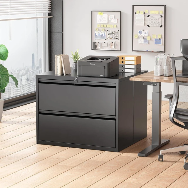 Alt view image 2 of 7 - Metal Lateral File Cabinet with Lock 2 Drawer Black Locking Cabinet for Legal/Letter/A4, Home Office Furniture for Hanging File