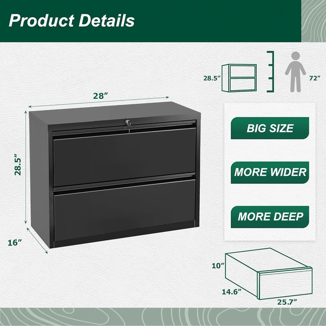 Alt view image 3 of 7 - Metal Lateral File Cabinet with Lock 2 Drawer Black Locking Cabinet for Legal/Letter/A4, Home Office Furniture for Hanging File