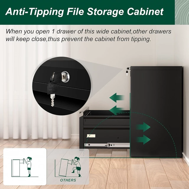 Alt view image 5 of 7 - Metal Lateral File Cabinet with Lock 2 Drawer Black Locking Cabinet for Legal/Letter/A4, Home Office Furniture for Hanging File
