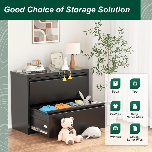 Alt view image 7 of 7 - Metal Lateral File Cabinet with Lock 2 Drawer Black Locking Cabinet for Legal/Letter/A4, Home Office Furniture for Hanging File