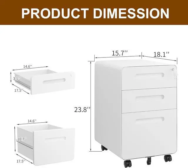 Alt view image 3 of 7 - 3 Drawer File Cabinet with Lock and 4 Keys, Mobile Metal Filing Cabinet, File Cabinets for Home Office, Under Desk, Pre-Assembly, File Drawer, Letter/Legal/A4 Hanging File Folders