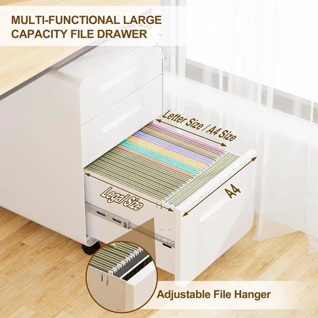 Alt view image 6 of 7 - 3 Drawer File Cabinet with Lock and 4 Keys, Mobile Metal Filing Cabinet, File Cabinets for Home Office, Under Desk, Pre-Assembly, File Drawer, Letter/Legal/A4 Hanging File Folders