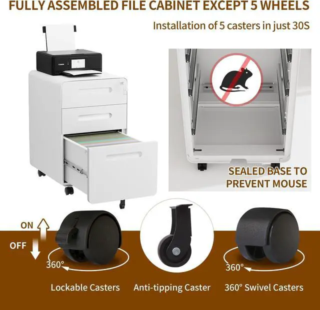 Alt view image 7 of 7 - 3 Drawer File Cabinet with Lock and 4 Keys, Mobile Metal Filing Cabinet, File Cabinets for Home Office, Under Desk, Pre-Assembly, File Drawer, Letter/Legal/A4 Hanging File Folders