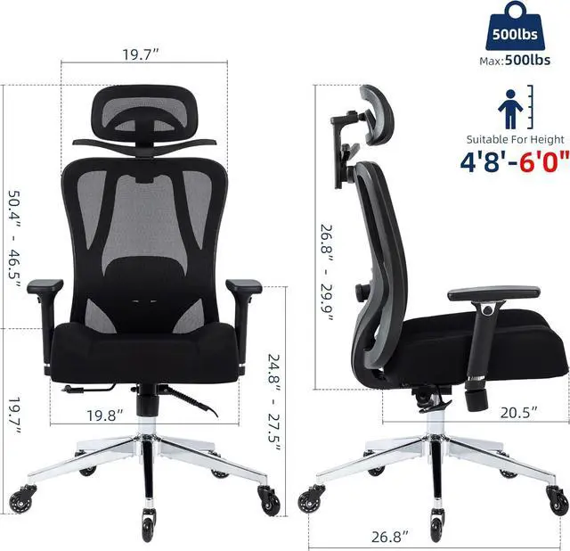 Alt view image 3 of 7 - Office Chair 500lbs Ergonomic Mesh Desk Chair for Heavy People, Heavy Duty Office Chair with Wide Thick Seat Cushion, 4D Armrest, Adjustable Headrest & Lumbar Support Computer Chair