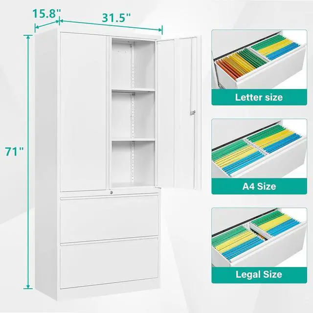 Alt view image 3 of 7 - Storage Cabinet Metal Display Cabinet with Glass Doors, 71in H x 31.5in W x 15.7in D, White, Kitchen Pantry Cabinet for Home Office, Bathroom, Bedroom, Living Room