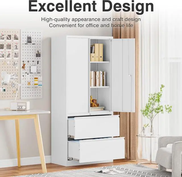 Alt view image 4 of 7 - Storage Cabinet Metal Display Cabinet with Glass Doors, 71in H x 31.5in W x 15.7in D, White, Kitchen Pantry Cabinet for Home Office, Bathroom, Bedroom, Living Room