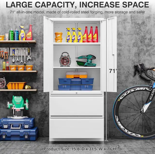 Alt view image 5 of 7 - Storage Cabinet Metal Display Cabinet with Glass Doors, 71in H x 31.5in W x 15.7in D, White, Kitchen Pantry Cabinet for Home Office, Bathroom, Bedroom, Living Room