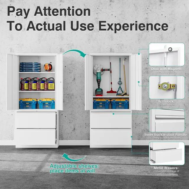 Alt view image 6 of 7 - Storage Cabinet Metal Display Cabinet with Glass Doors, 71in H x 31.5in W x 15.7in D, White, Kitchen Pantry Cabinet for Home Office, Bathroom, Bedroom, Living Room