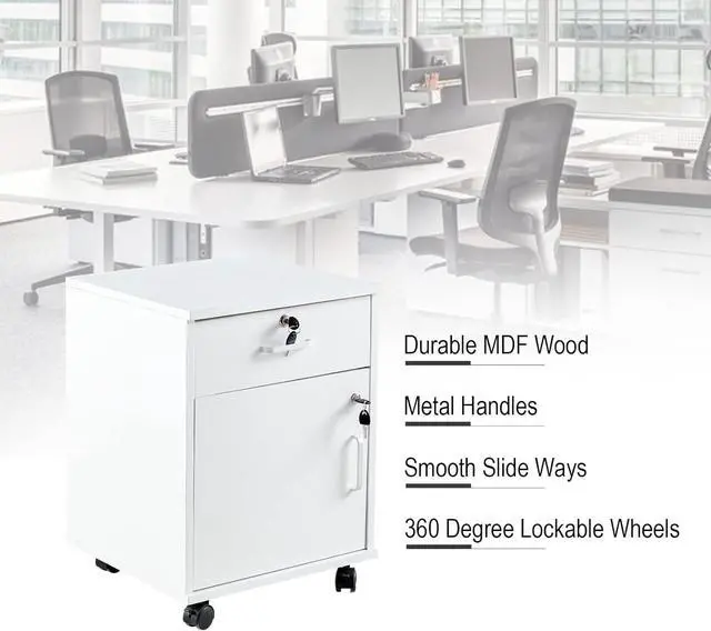 Alt view image 6 of 7 - Mobile File Cabinet with Lockable Drawer & Door, Under Desk Storage Cabinet with 360°Swivel Wheels, Wooden Stationery Storage Cabinet for Legal/Letter/ A4 Documents (White)