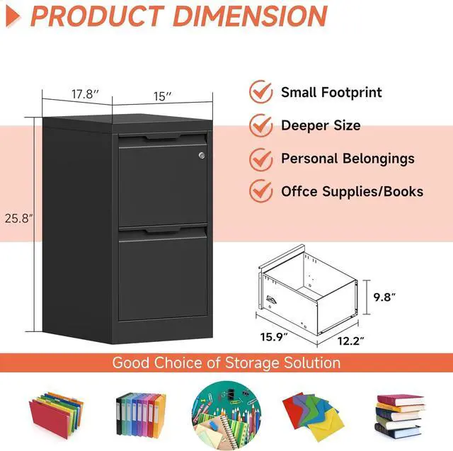 Alt view image 2 of 7 - 2 Drawer File Cabinet with Lock,Black Metal Filing Cabinets,Steel Vertical Fit Hanging Files, Letter,File Box and A4 Documents-Assembly Require