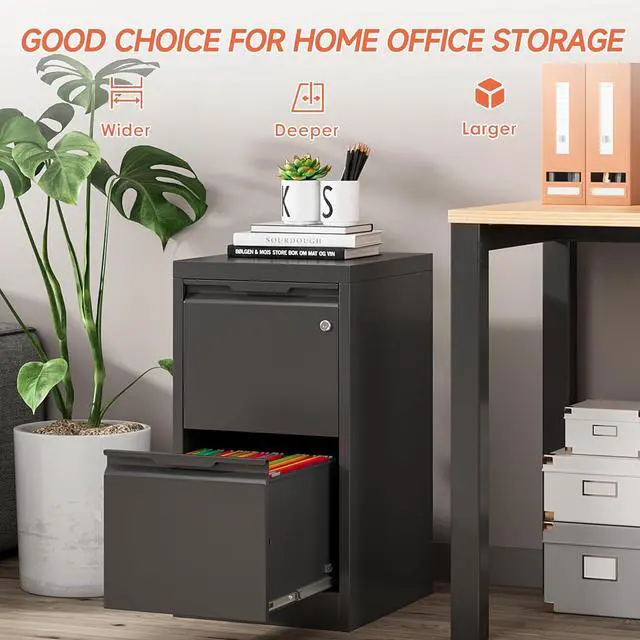Alt view image 3 of 7 - 2 Drawer File Cabinet with Lock,Black Metal Filing Cabinets,Steel Vertical Fit Hanging Files, Letter,File Box and A4 Documents-Assembly Require